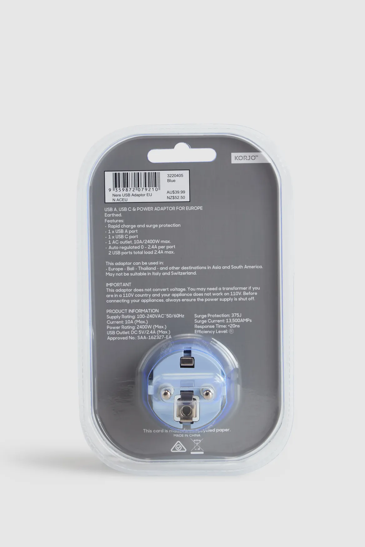 USB/-C Power Adaptor Aus/Euro Strandbags